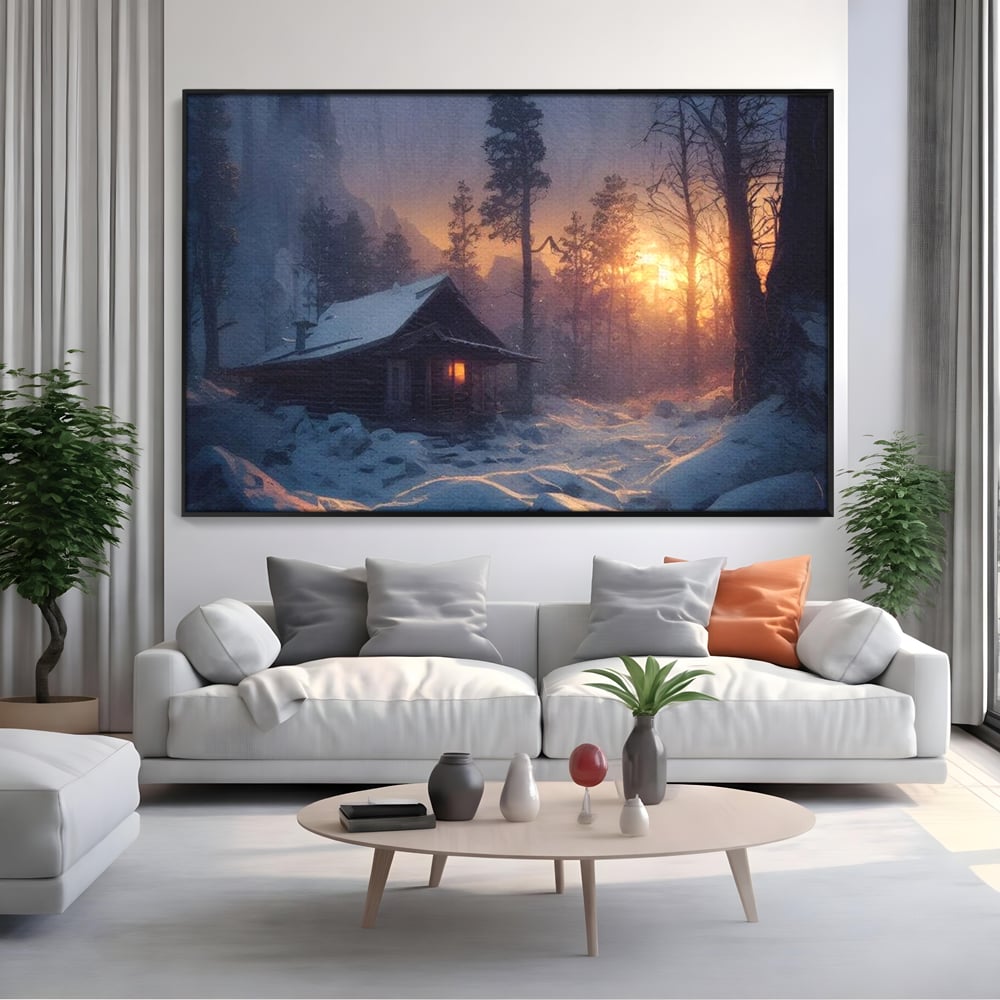 Tablou canvas cu tablou canvas cu cabana inzapezita, in rama de aluminiu negru, pe perete intr-un living